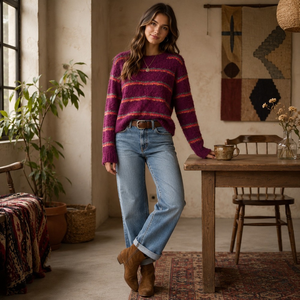 FREE PEOPLE Women's SMALL Pullover Top Sweater Alpaca Blend Striped Multicolor
